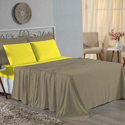 Jogo De Cama Queen Nobre 4 Peças Lençol Com Elástico De 30cm De Altura Malha 100% Algodão - Avelã / Amarelo