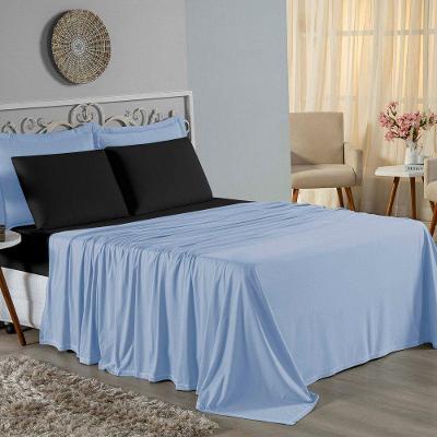 Jogo De Cama Queen Nobre 4 Peças Lençol Com Elástico De 30cm De Altura Malha 100% Algodão - Azul-bebê / Preto