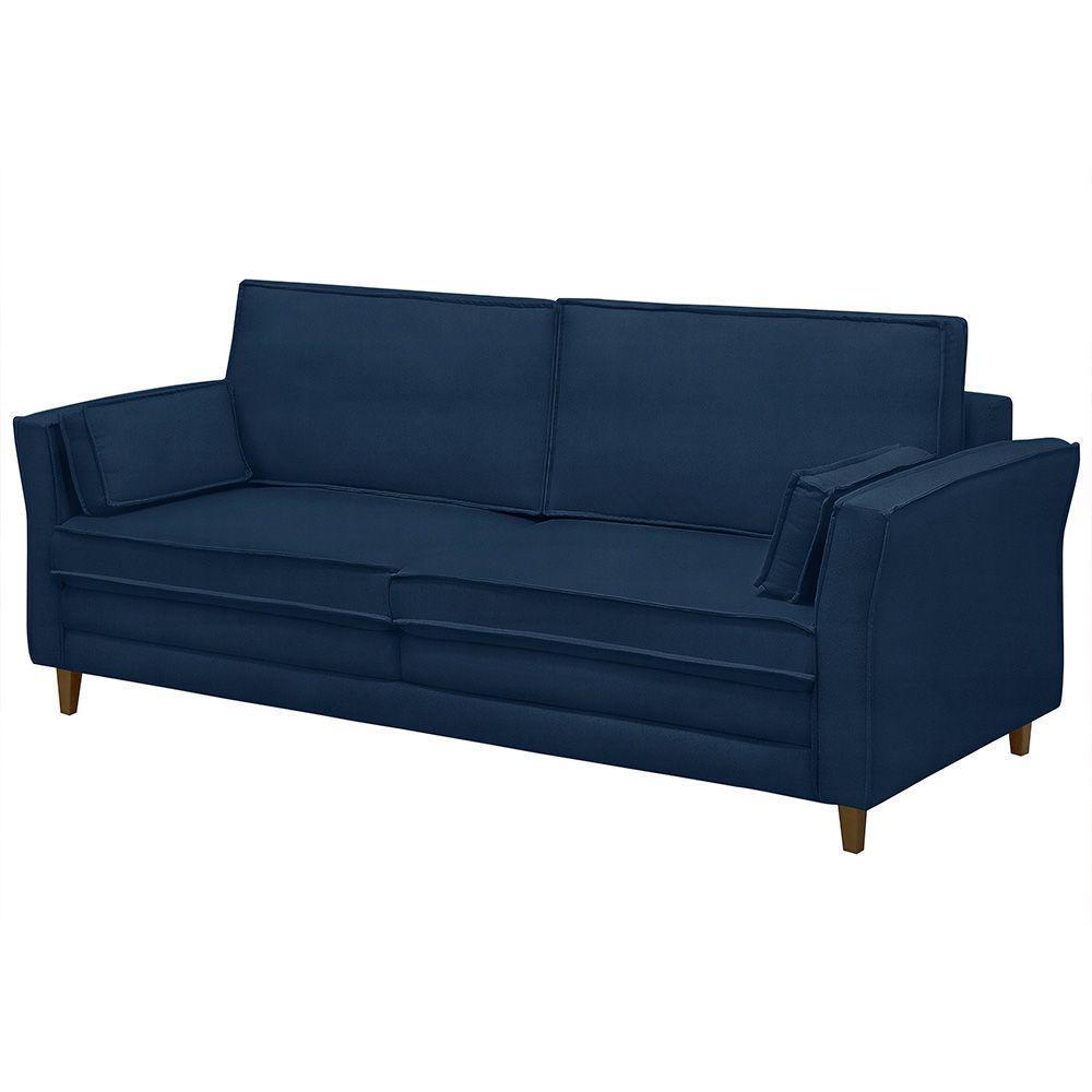 Sofá Living 3 Lugares 220Cm Pés Madeira Efraim F05 Veludo Azul - Mpozenato - 1