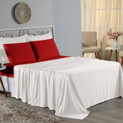 Jogo De Cama Queen Nobre 4 Peças Lençol Com Elástico De 30cm De Altura Malha 100% Algodão - Palha / Vermelho