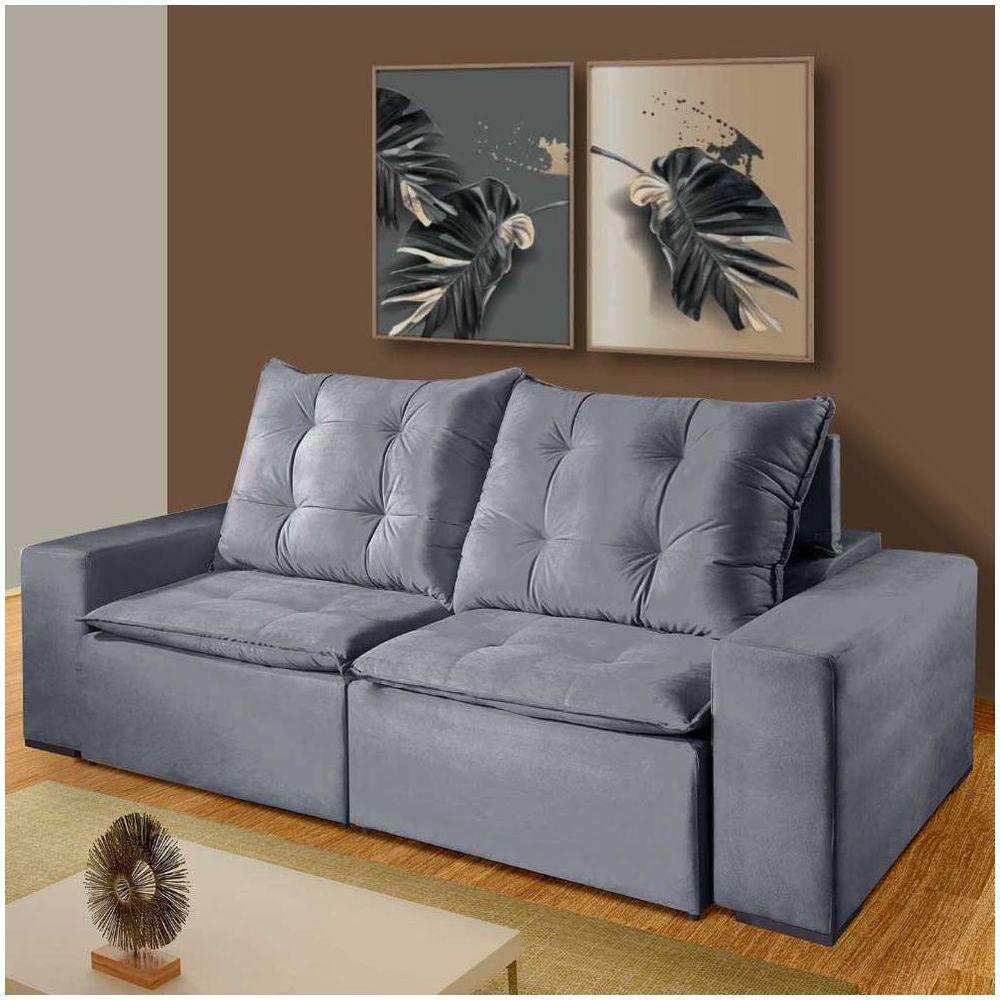 Sofá Larissa 4 Lugares Retrátil Reclinável 2.50m Suede Liso Mundial Estofados Cinza Clássico - 1