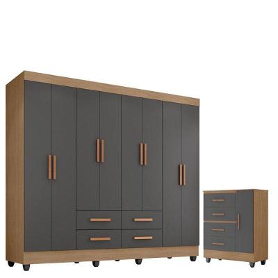 Guarda Roupa Casal Porto Com Cômoda Lite 4 Gavetas 1 Porta Nature Cinza - Móveis Leão