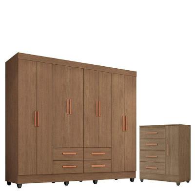 Guarda Roupa Casal Porto Com Cômoda Lite 4 Gavetas 1 Porta Carvalho Oak - Móveis Leão