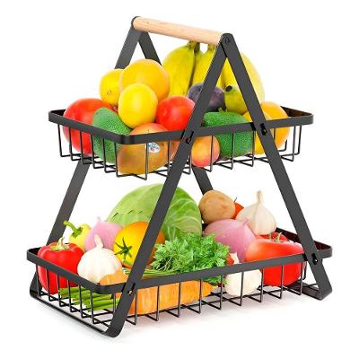 Fruteira de Mesa 2 Andares em Aço e Madeira com Cestos Removíveis para Cozinha Preto