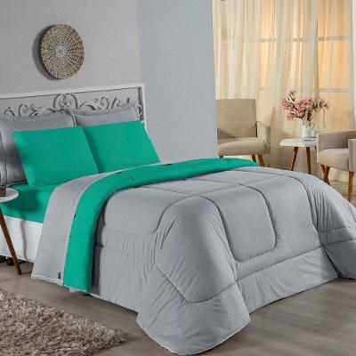 Edredom Queen Nobre 1 Peça Dupla Face 2,20m X 2,40m Malha 100% Algodão - Cinza / Jade