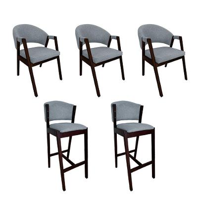 Kit 3 Cadeiras De Jantar Helen Com 2 Banquetas Ana Madeira Maciça Castanho Premium Linho Cinza