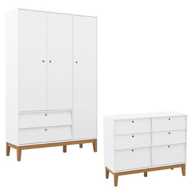 Cômoda 6 Gavetas e Guarda Roupa 3 Portas Unique Infantil em MDF Branco Soft Eco Wood