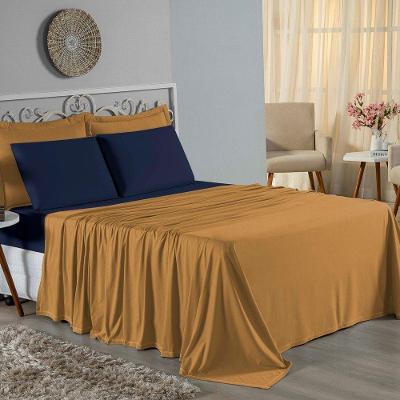 Jogo De Cama King Nobre 4 Peças Lençol Com Elástico De 30cm De Altura Malha 100% Algodão - Cobre / Azul-marinho
