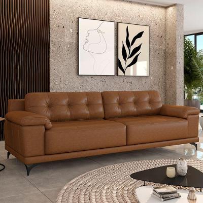 Sofá Living 4 Lugares 252cm Agostino Pés Design Em Ferro Couro Caramelo Manchado G52 - Gran Belo