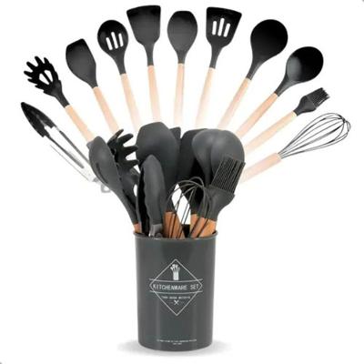 Kit 12 Peças Utensílios Silicone Cabo Madeira Fouet Pegador para Cozinha Preto Higipack