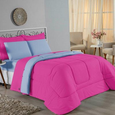 Kit Edredom Dupla Face + Jogo De Lençol Casal Nobre 7 Peças Malha 100% Algodão - Pink / Azul-bebê