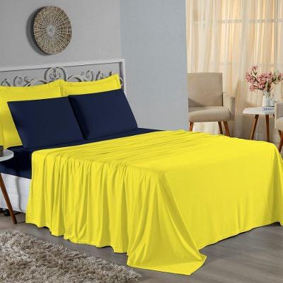 Jogo De Cama Casal Viúva Nobre 4 Peças Malha 100% Algodão - Amarelo / Azul-marinho