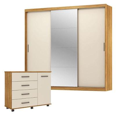 Cômoda e Guarda Roupa Casal Flora Dalila 32415 3 Portas 4 Gavetas Cinamon Touch Off White Flex