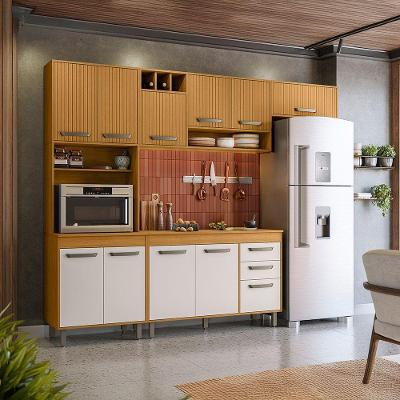 Cozinha Compacta Balcão com Tampo Malta 4 Peças MDP 258cm Amadeirado Freijo Ripado Off