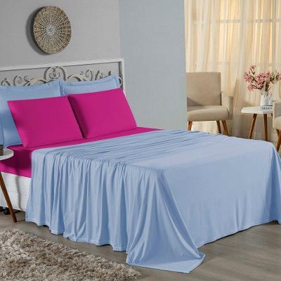Jogo De Cama Casal Nobre 4 Peças Lençol Com Elástico De 30cm De Altura Malha 100% Algodão - Azul-bebê / Pink