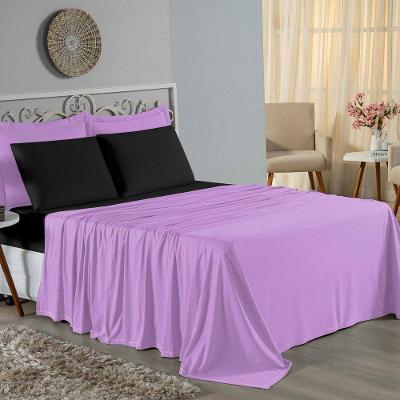 Jogo De Cama King Nobre 4 Peças Lençol Com Elástico De 30cm De Altura Malha 100% Algodão - Lilás / Preto