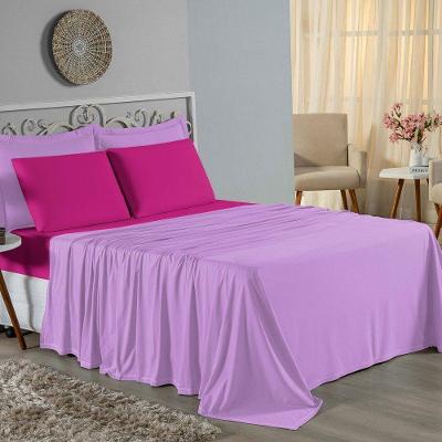 Jogo De Cama King Nobre 4 Peças Lençol Com Elástico De 30cm De Altura Malha 100% Algodão - Lilás / Pink