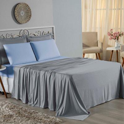 Jogo De Cama Casal Viúva Nobre 4 Peças Malha 100% Algodão - Cinza / Azul-bebê