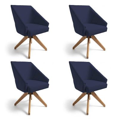 Kit 4 Poltronas Giratórias Alana Suede Azul Marinho Base De Madeira - Pallazio