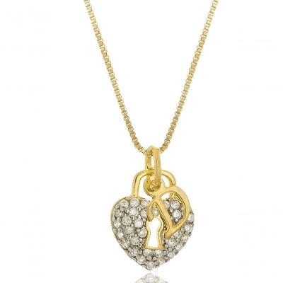 Colar Floratta Joias Coração Cadeado de Zircônia e Inicial [F027] Banhado em Ouro 18k Dourado