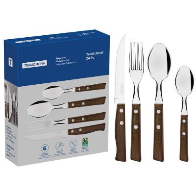 Faqueiro Tradicional 24 Peças em Aço Inox com Cabos de Madeira para Mesa do Dia a Dia