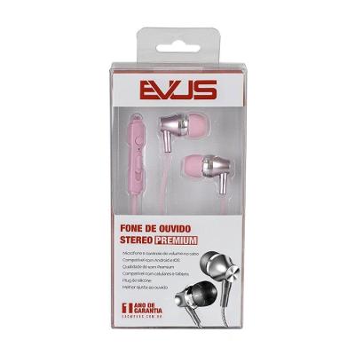 Fone de Ouvido Intra Auricular com Fio Evus F-09 com Microfone Integrado e Drivers 14,2MM P2 Rosa