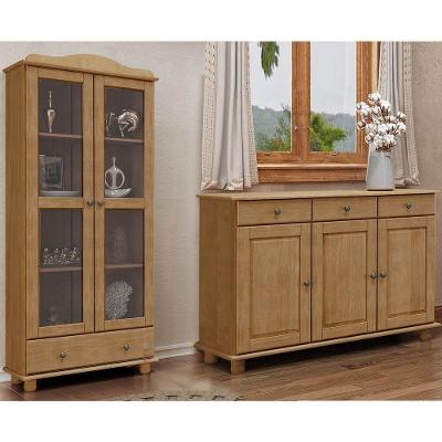 Conjunto Cozinha: Armário Vitrine 2 Portas 1 Gavetas Balcão 3 Portas 3 Gavetas Rubi Freijó Madeira Pinus - Finestra