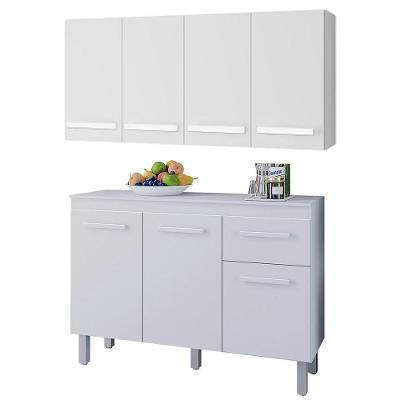 Kit de Cozinha Vitoriana 7 Portas 1 Gaveta Madeira 120CM Branco com Balcão para Ambiente Organizado
