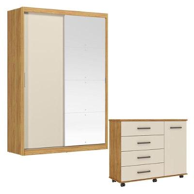 Cômoda e Guarda Roupa Casal Flora Riva 22515K 3 Portas de Correr 8 Gavetas em MDF e MDP Cinamon
