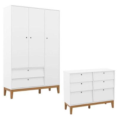 Cômoda 6 Gavetas e Guarda Roupa 3 Portas Unique MDF Telescópica Branco Soft Eco Wood