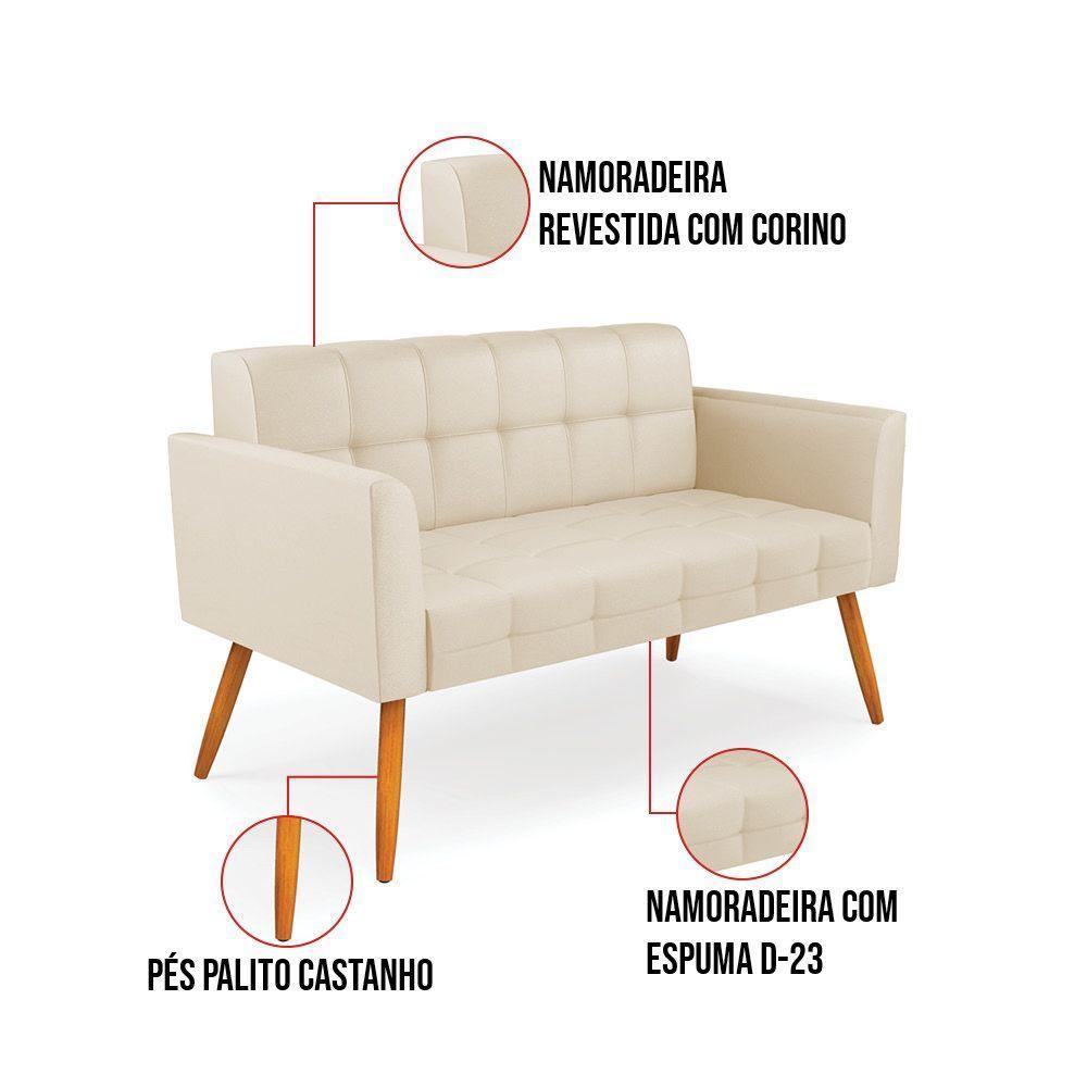 Kit 1 Sofá Namoradeira E 2 Poltronas Elisa Corino Bege Pés Palito Castanho - D'rossi - 4