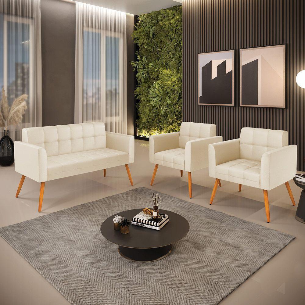 Kit 1 Sofá Namoradeira E 2 Poltronas Elisa Corino Bege Pés Palito Castanho - D'rossi - 8