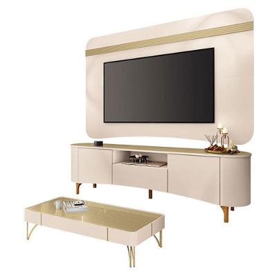 Rack Bancada Elara E Painel Armony Com Mesa De Centro Cadenza Off White Champanhe - Hb Móveis