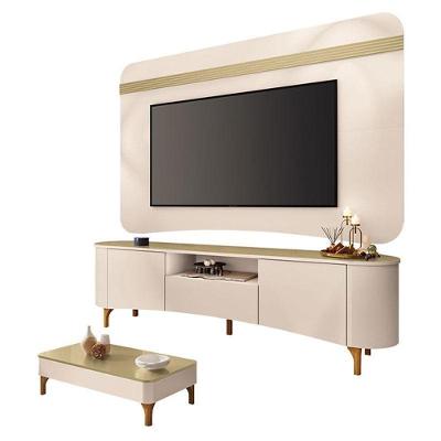 Rack Bancada Elara E Painel Armony Com Mesa De Centro Liz Off White Champanhe - Hb Móveis