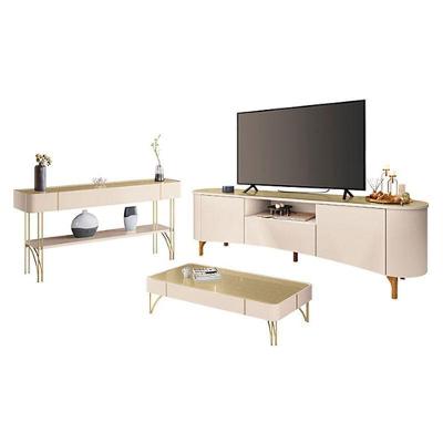Rack Bancada Elara Com Mesa De Centro Cadenza E Aparador Vivant Off White Champanhe - Hb Móveis