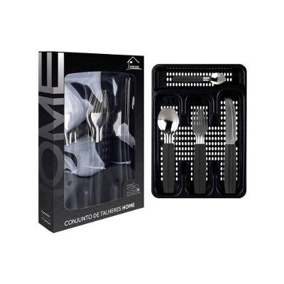 Jogo de Faqueiro Preto Faca Garfo Colher Porta Talher 17 Peças Aço Inox Cabo