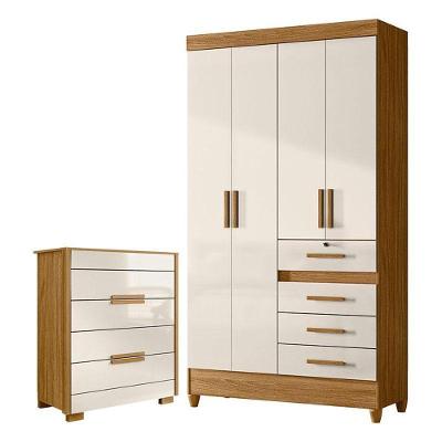 Guarda Roupa Solteiro Sobral 4 Portas 4 Gavetas Freijó Off White Brilho MDP