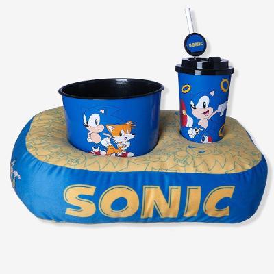 Kit Pipoca Infantil Sonic com Almofada, Balde e Copo para Pipoca e Bebida Azul