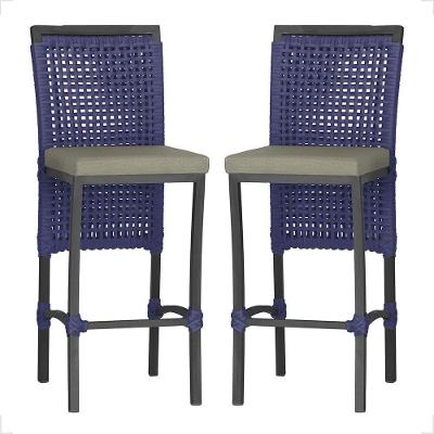2 Banqueta Em Alumínio Roma Preta Corda Náutica Tecido 8 Azul