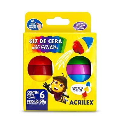 Giz de Cera Acrilex Foguete 6 Cores com Escrita Macia Atóxica para Atividades Artísticas e Escolares