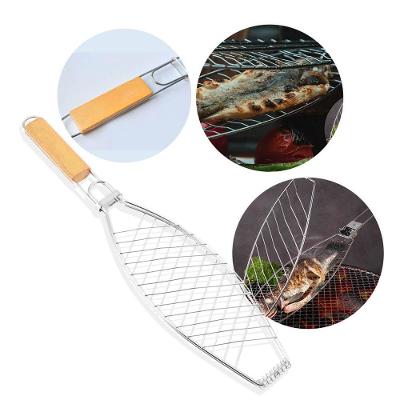 Grelha Dupla para Churrasco Churrasco Assar Peixe 31x25cm em Aço e Madeira com Cabo