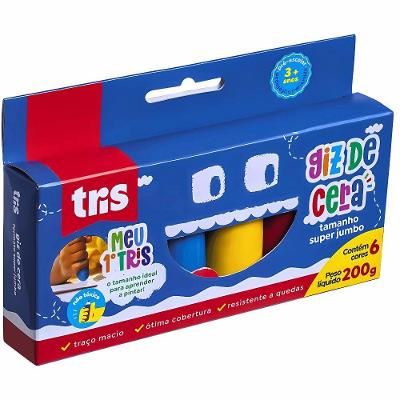 Giz de Cera Tris Super Jumbo 6 Cores Atóxico Resistente Ideal para Primeira Infância Traços Macios