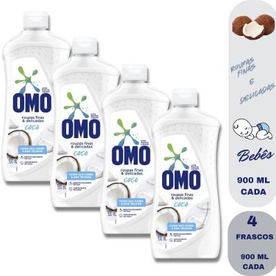 Kit 4 Lava Roupas Líquido Finas e Delicadas Coco 900ML com Extrato de Coco OMO