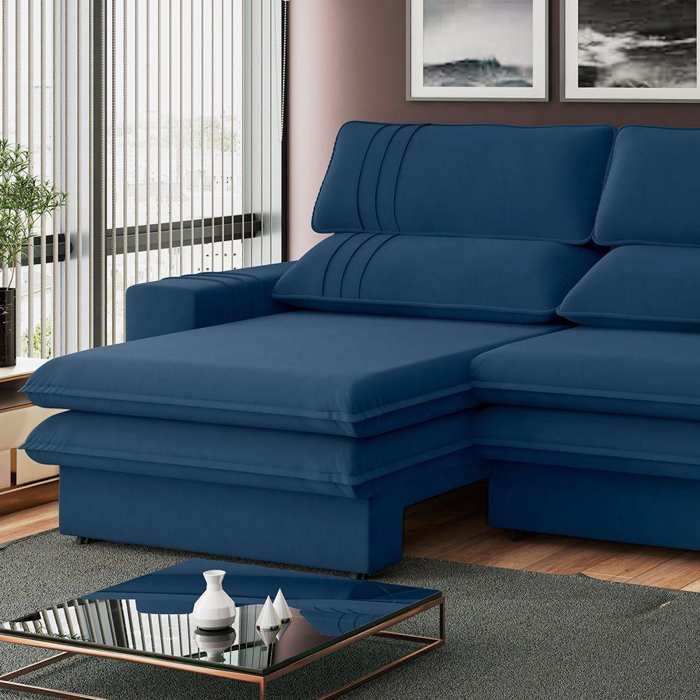 Sofá 2 Lugares Retrátil Noruega 230 Cm Veludo Pés Tabaco - D'rossi Cor Azul Marinho - 2
