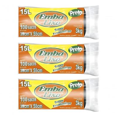 Saco para Lixo Super Econômico 15L Ecom Preto Kit 3 Pacotes 300 Sacos Embalixo
