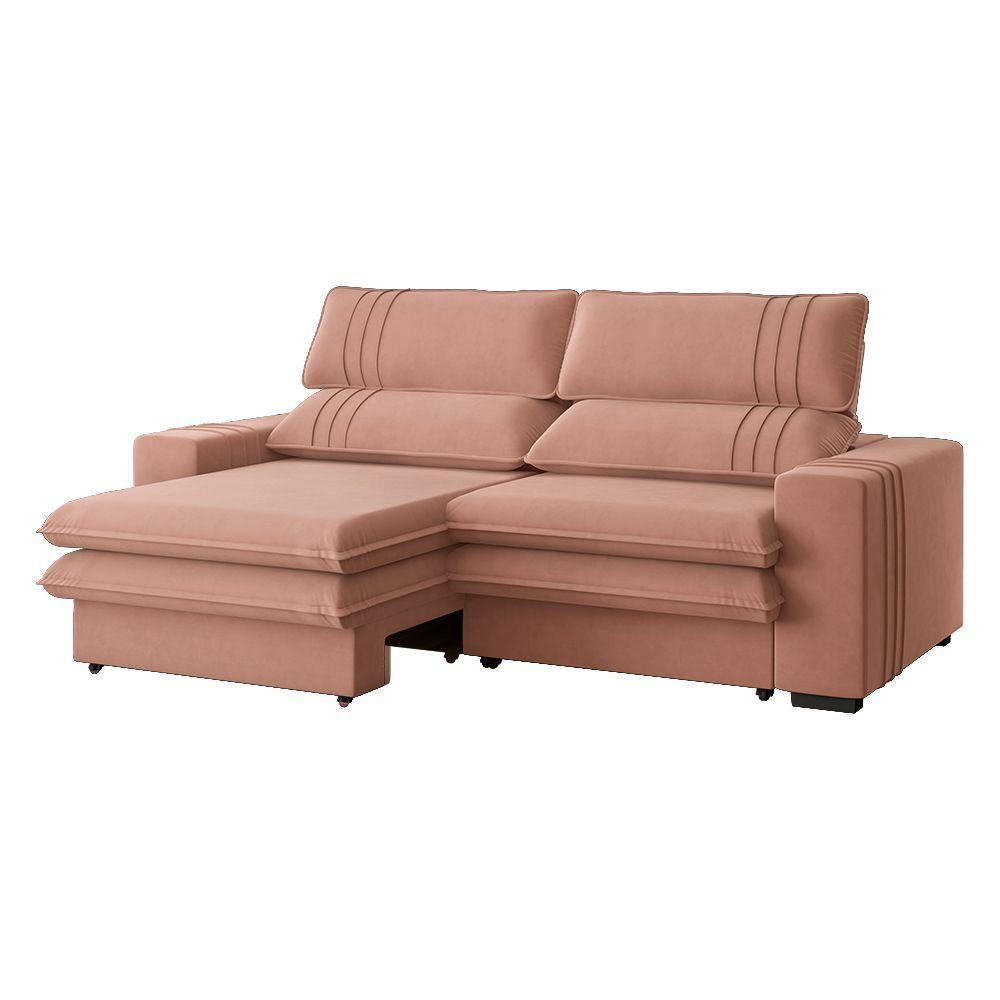 Sofá 2 Lugares Retrátil Noruega 270 Cm Veludo Pés Tabaco - D'rossi Cor Rose - 1