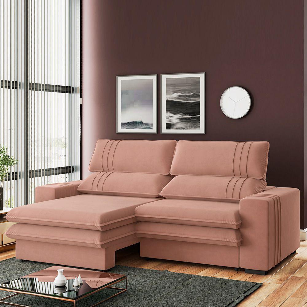 Sofá 2 Lugares Retrátil Noruega 270 Cm Veludo Pés Tabaco - D'rossi Cor Rose - 3