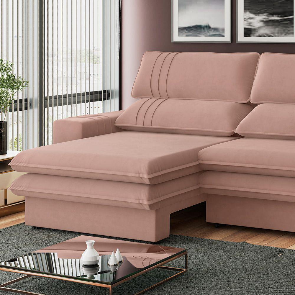Sofá 2 Lugares Retrátil Noruega 270 Cm Veludo Pés Tabaco - D'rossi Cor Rose - 4