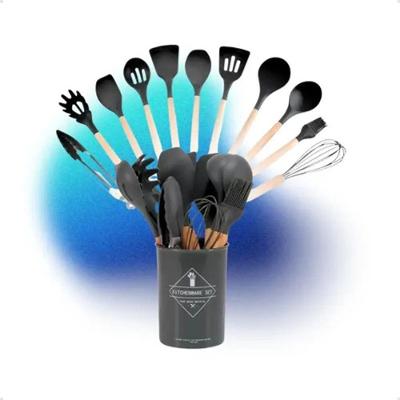 Kit 12 Peças Utensílios Cozinha Silicone Cabo Madeira Resistente ao Calor Preto Higipack