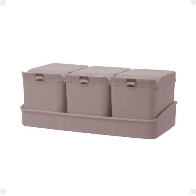 Conjunto Porta Temperos Lines Bambu e PP com Colher, Bandeja e 3 Potes Cinza Cimento Lyor